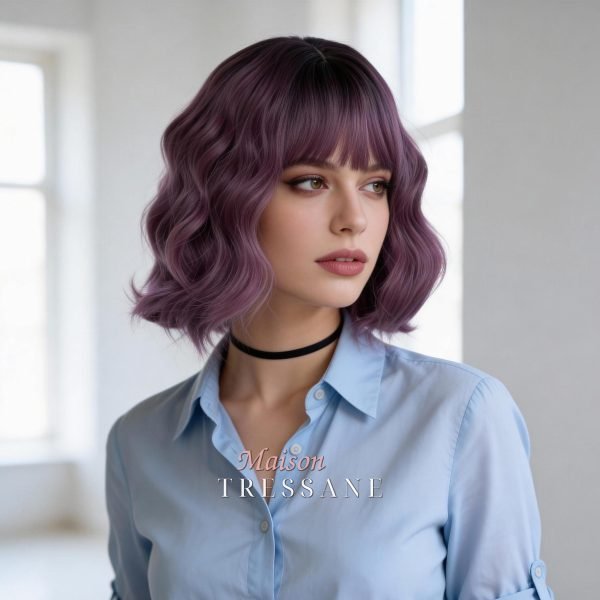 Perruque bob ombrée violette avec frange — ondulée, 30 cm, teinte rose & violet — portée, vue de face