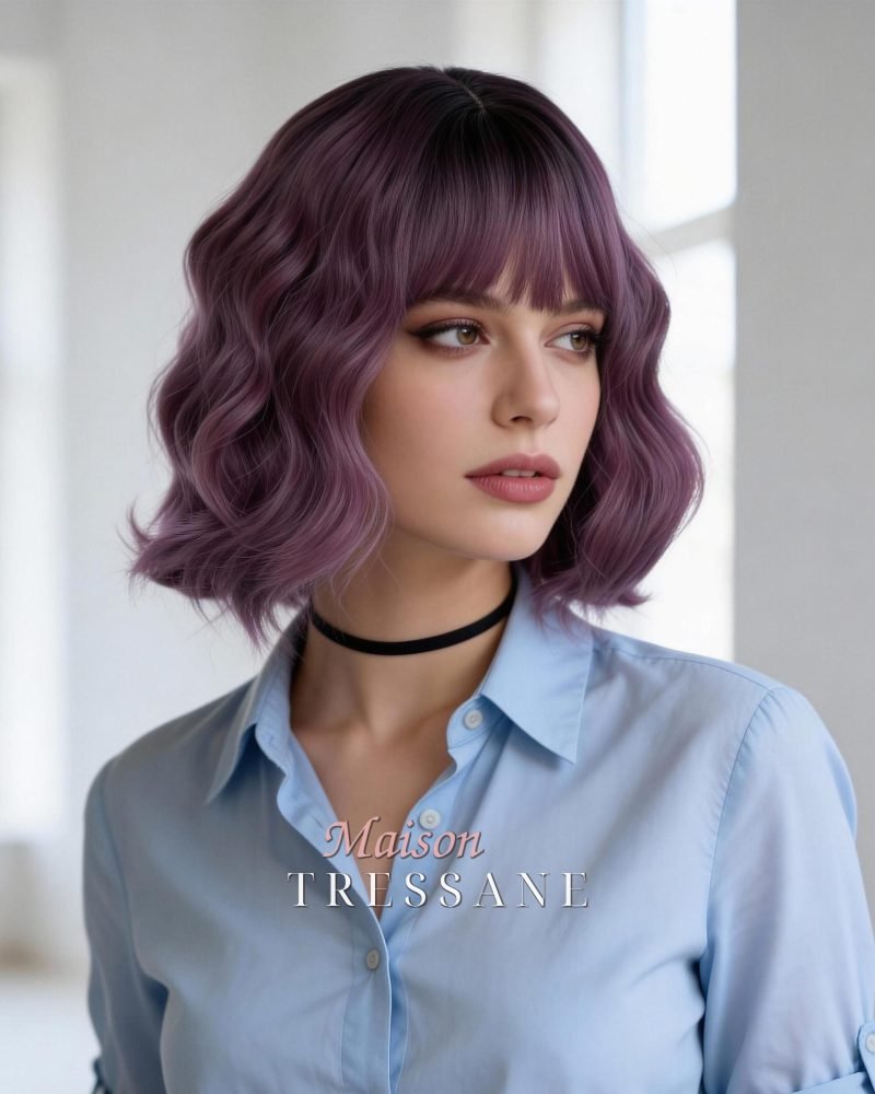 Perruque bob ombrée violette avec frange — ondulée, 30 cm, teinte rose & violet — portée, vue de face