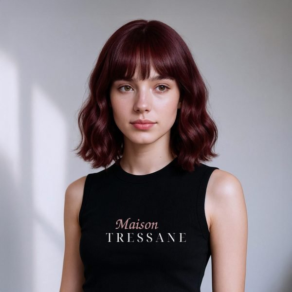 Ondulée Bob rouge bordeaux avec frange — ondulée, 30 cm, teinte rouge — portée, vue de face