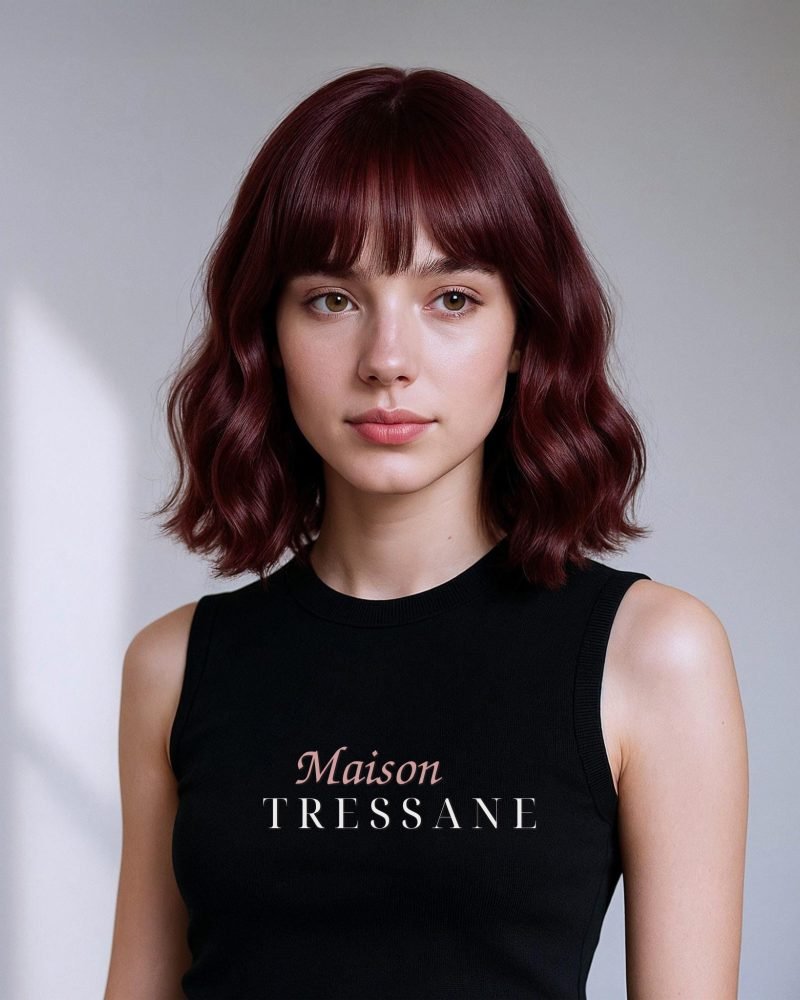 Ondulée Bob rouge bordeaux avec frange — ondulée, 30 cm, teinte rouge — portée, vue de face