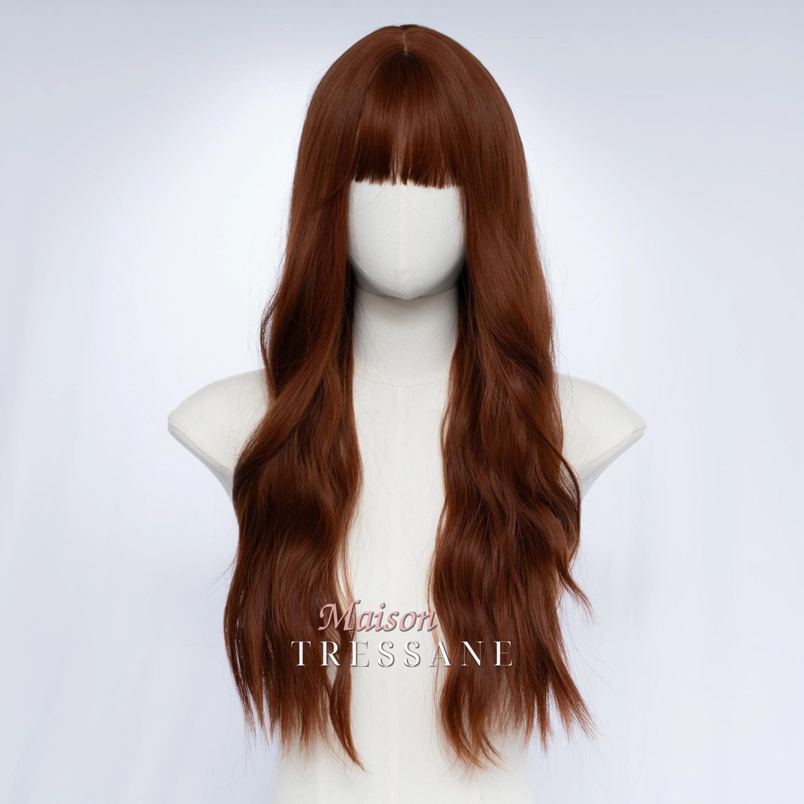 Ondulée 24 pouces châtain auburn avec frange complète — ondulée, 60 cm, teinte châtain — vue de face