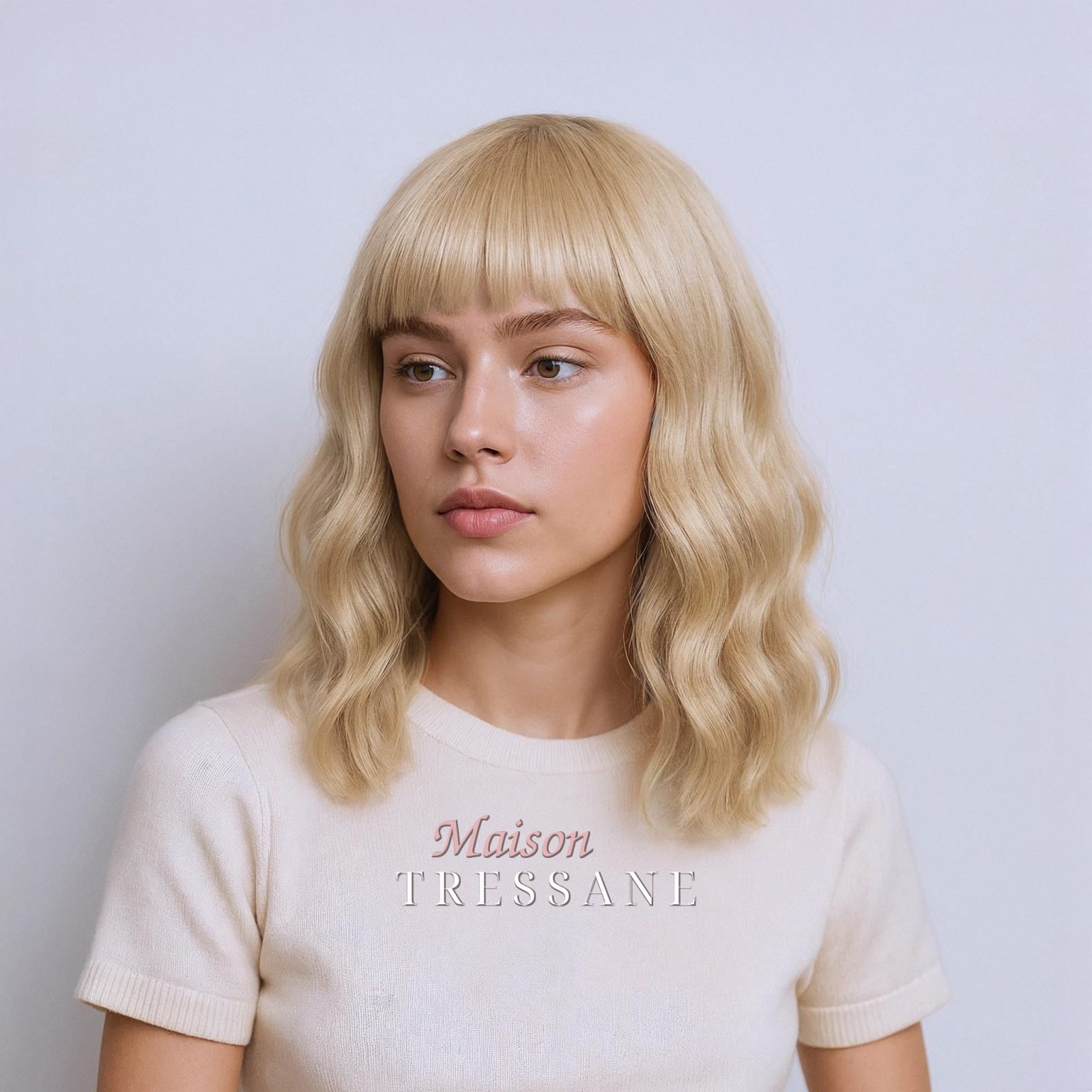 Perruque blonde ondulée Bob avec frange — ondulée, 35 cm, teinte blond — portée, vue de face