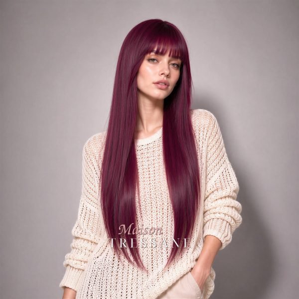 Droite magenta riche avec frange — lisse, 60 cm, teinte rose & violet — portée, vue de face