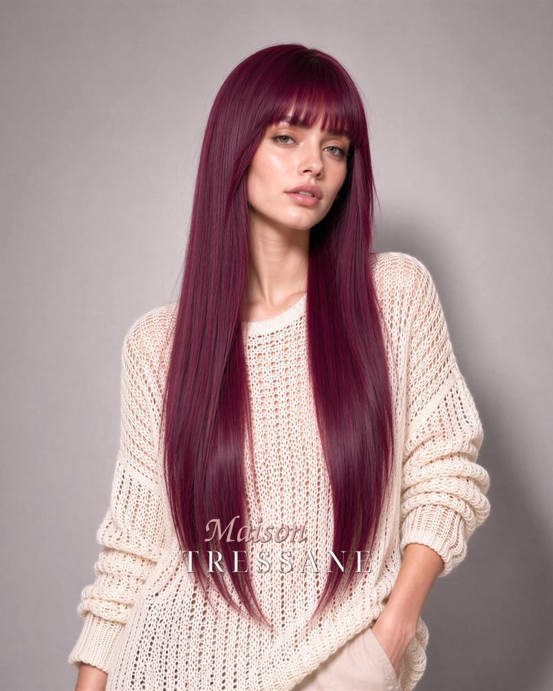 Droite magenta riche avec frange — lisse, 60 cm, teinte rose & violet — portée, vue de face