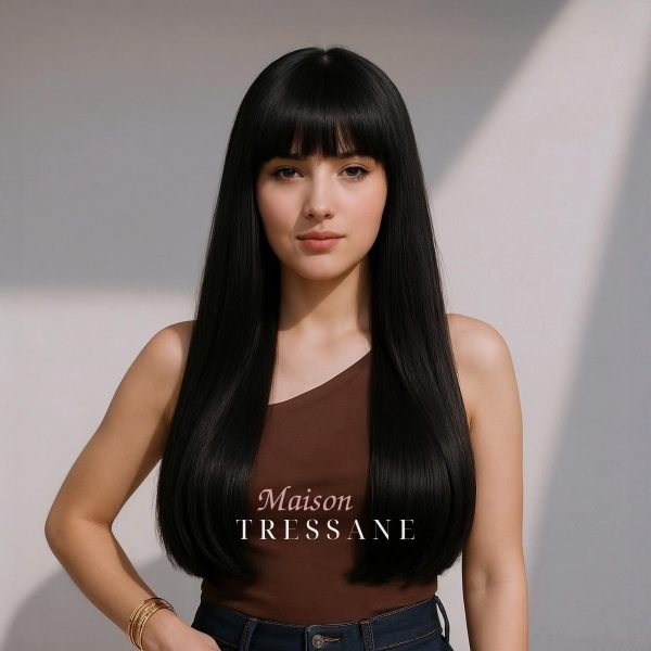Perruque droite noire avec frange — lisse, 60 cm — portée, vue de face
