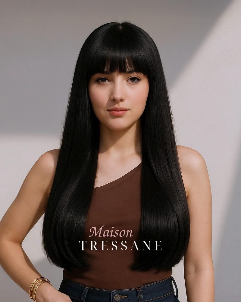 Perruque droite noire avec frange — lisse, 60 cm — portée, vue de face