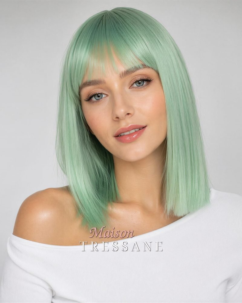 Perruque bob vert menthe avec frange — lisse, 25 cm, teinte vert — portée, vue de face