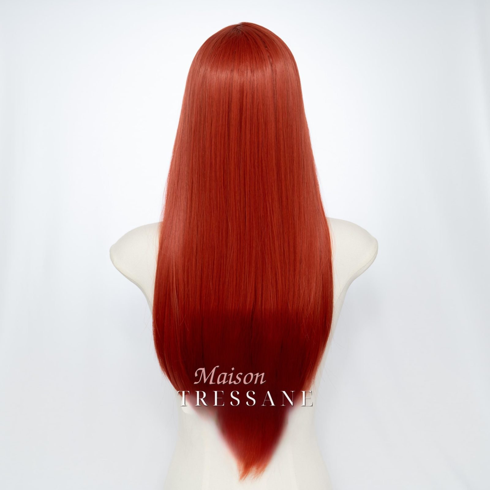 Perruque droite rousse 24 pouces avec frange — lisse, 60 cm, teinte cuivre & orange — vue de dos