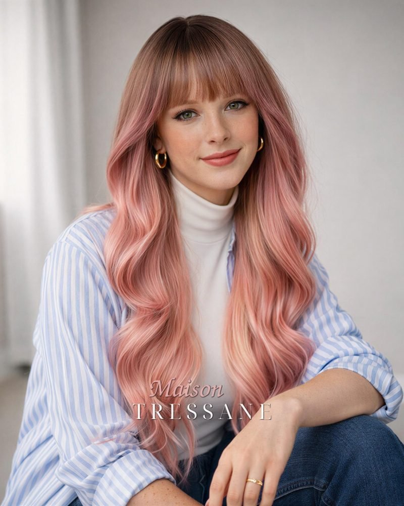 Ondulée rose ombrée avec frange — ondulée, 65 cm, teinte rose & violet — portée, vue de face
