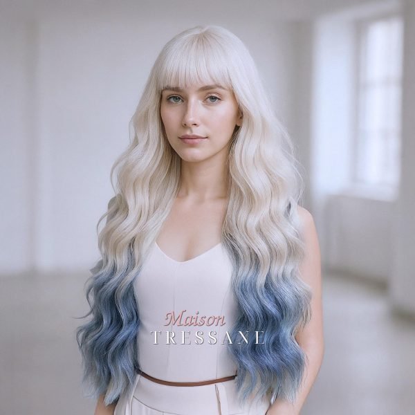 Ondulée blonde à bleue avec frange — ondulée, 65 cm, teinte blond — portée, vue de face