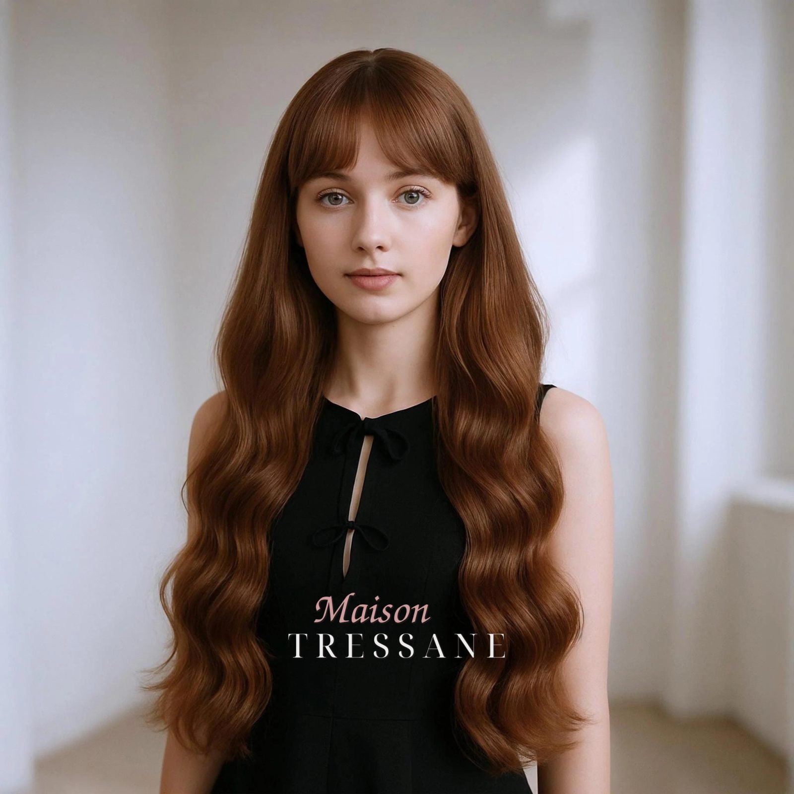 Ondulée brune avec frange — ondulée, 65 cm — portée, vue de face