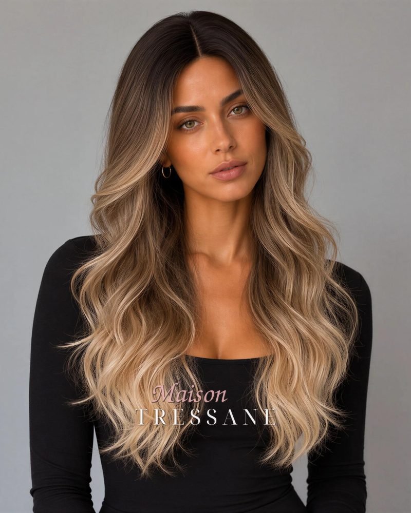 Petite Perruque Lace Front Blond Doré Ombré — ondulée, teinte blond — portée, vue de face