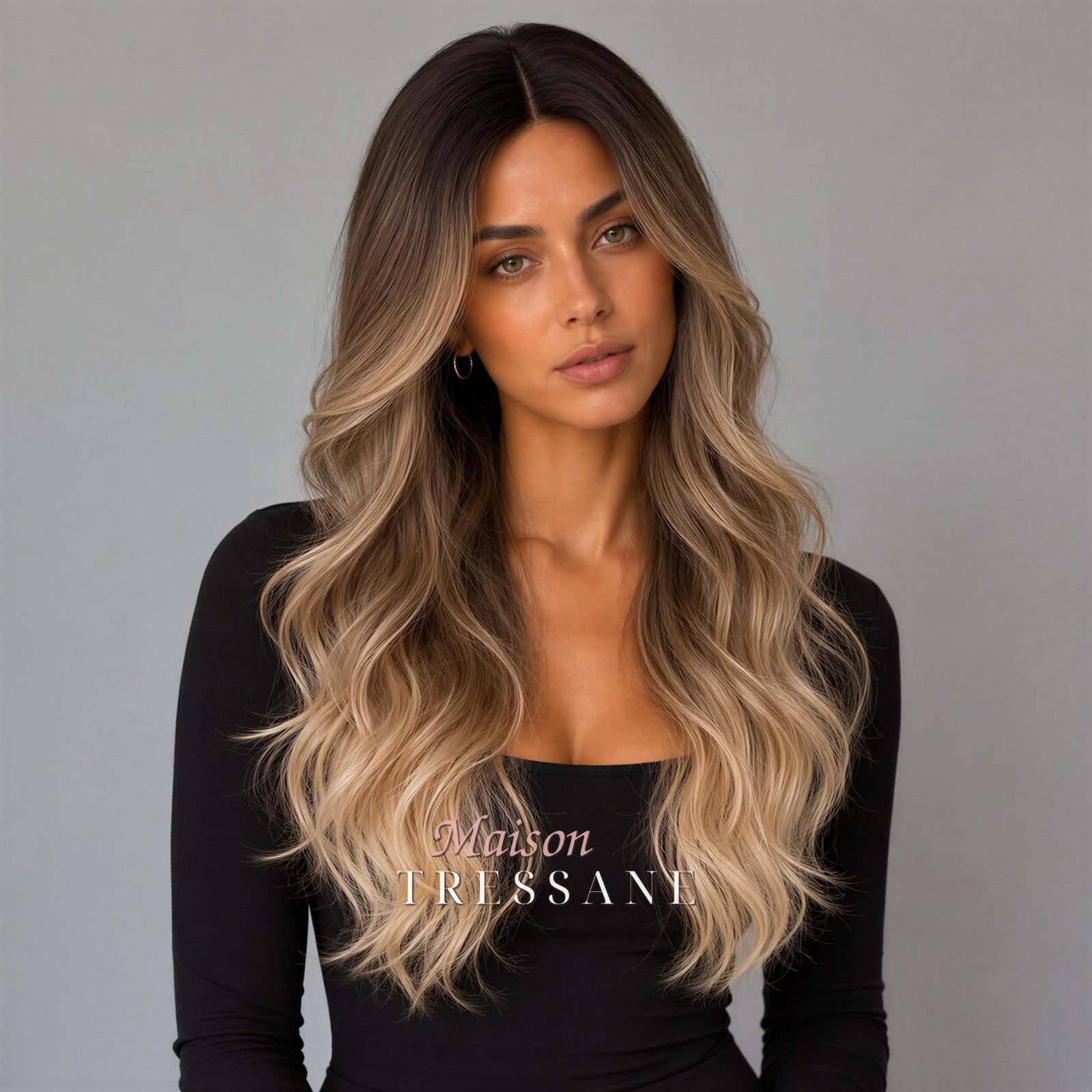 Petite Perruque Lace Front Blond Doré Ombré — ondulée, teinte blond — portée, vue de face