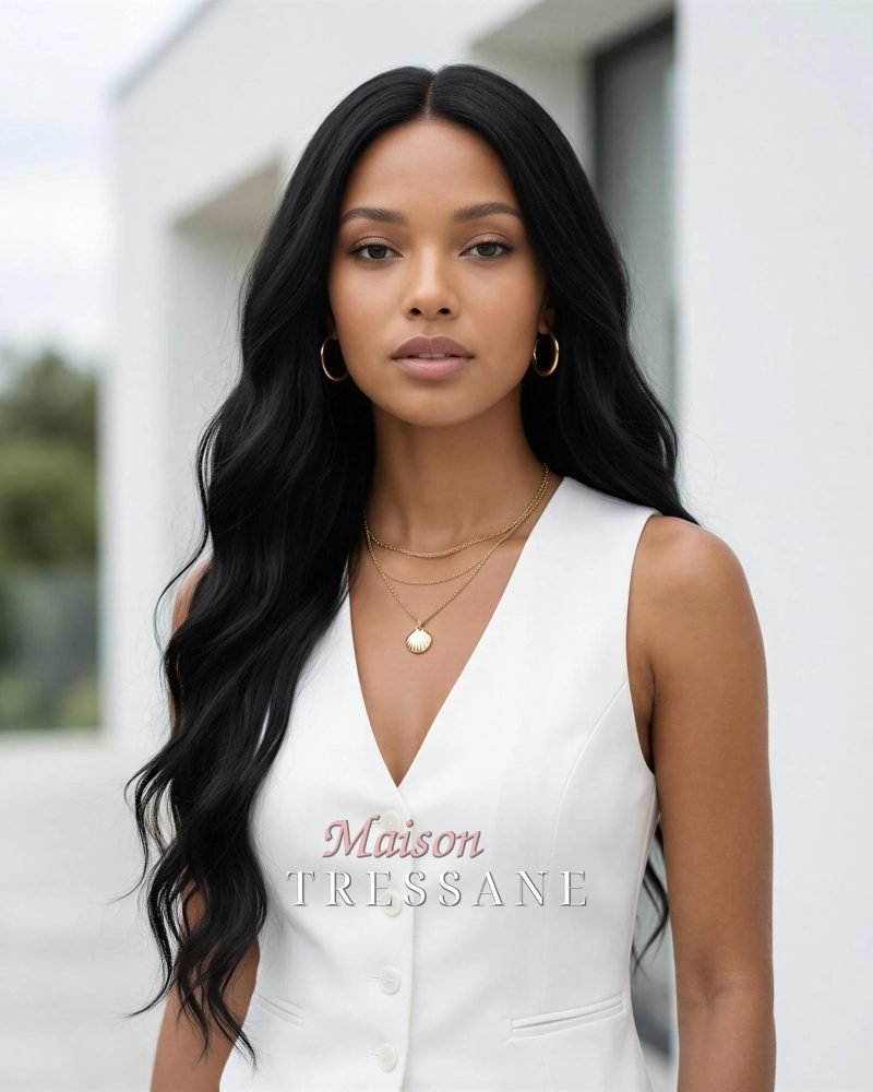 Petite Perruque Lace Front Noir 61 cm — ondulée, 60 cm, teinte noir — portée, vue de face