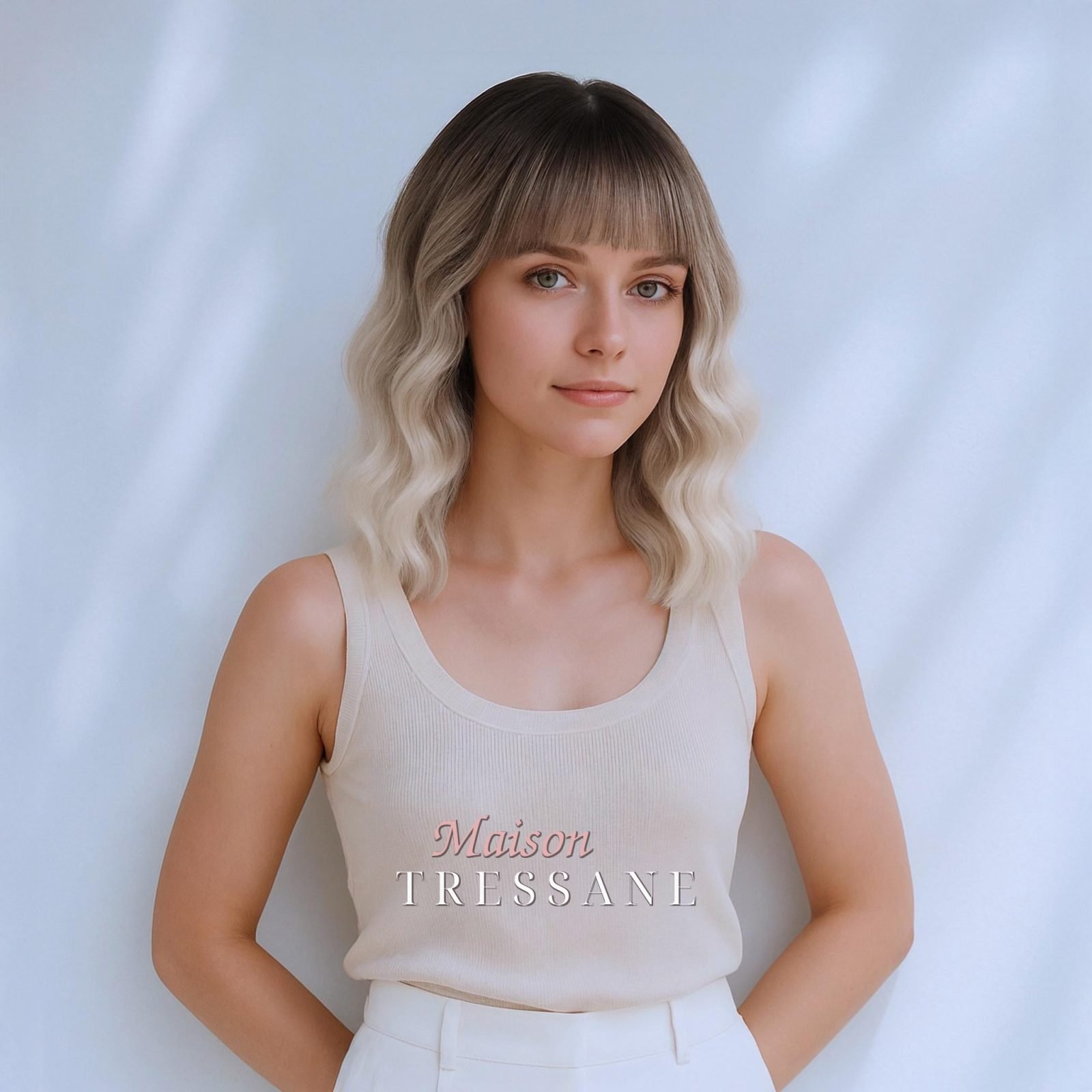 Perruque Bob blond cendré avec frange — 35 cm, teinte blond — portée, vue de face