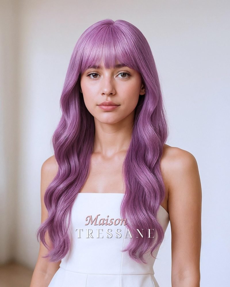 Ondulée Pourpre Lavande Avec Frange — ondulée, 60 cm, teinte rose & violet — portée, vue de face