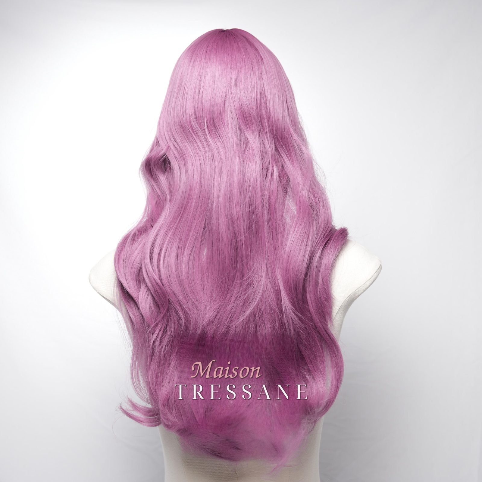 Ondulée Pourpre Lavande Avec Frange — ondulée, 60 cm, teinte rose & violet — vue de dos