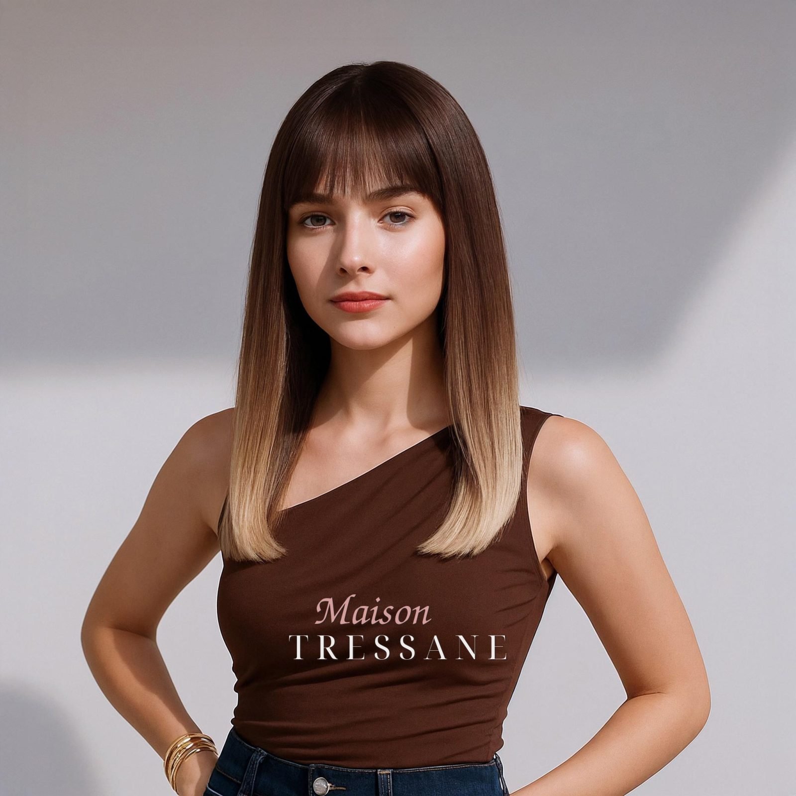 Perruque Bob blonde brune ombrée avec frange — lisse, 35 cm, teinte blond — portée, vue de face