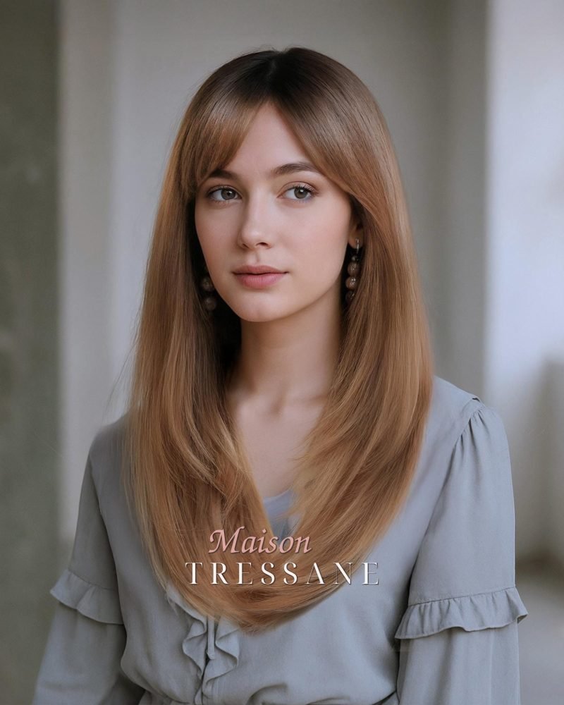 Ombre blonde dorée avec frange — lisse, 55 cm, teinte blond — portée, vue de face