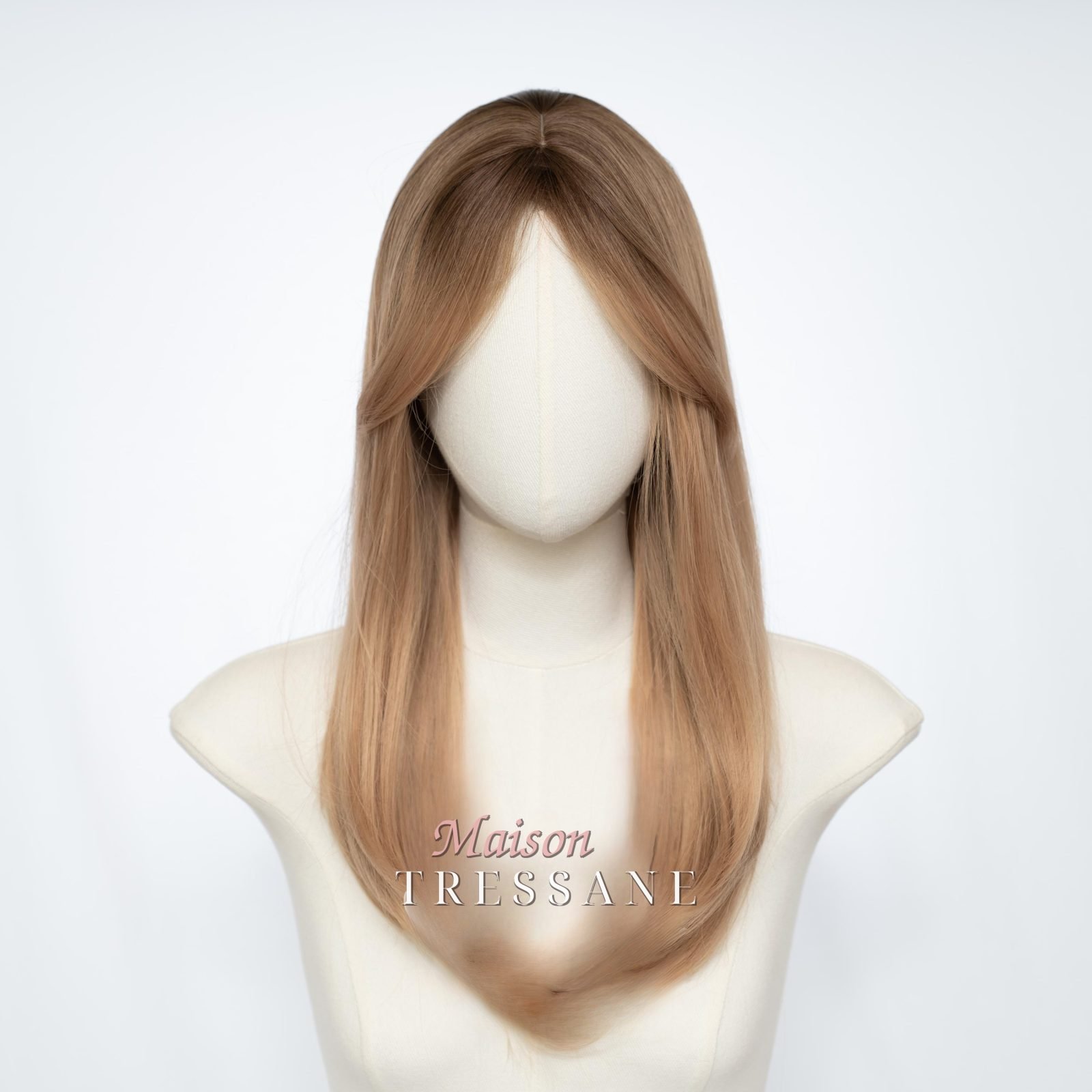 Ombre blonde dorée avec frange — lisse, 55 cm, teinte blond — vue de face