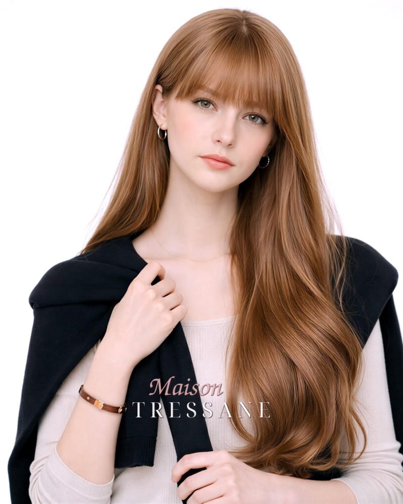 Ondulée blonde dorée avec frange — ondulée, 60 cm, teinte blond — portée, vue de face