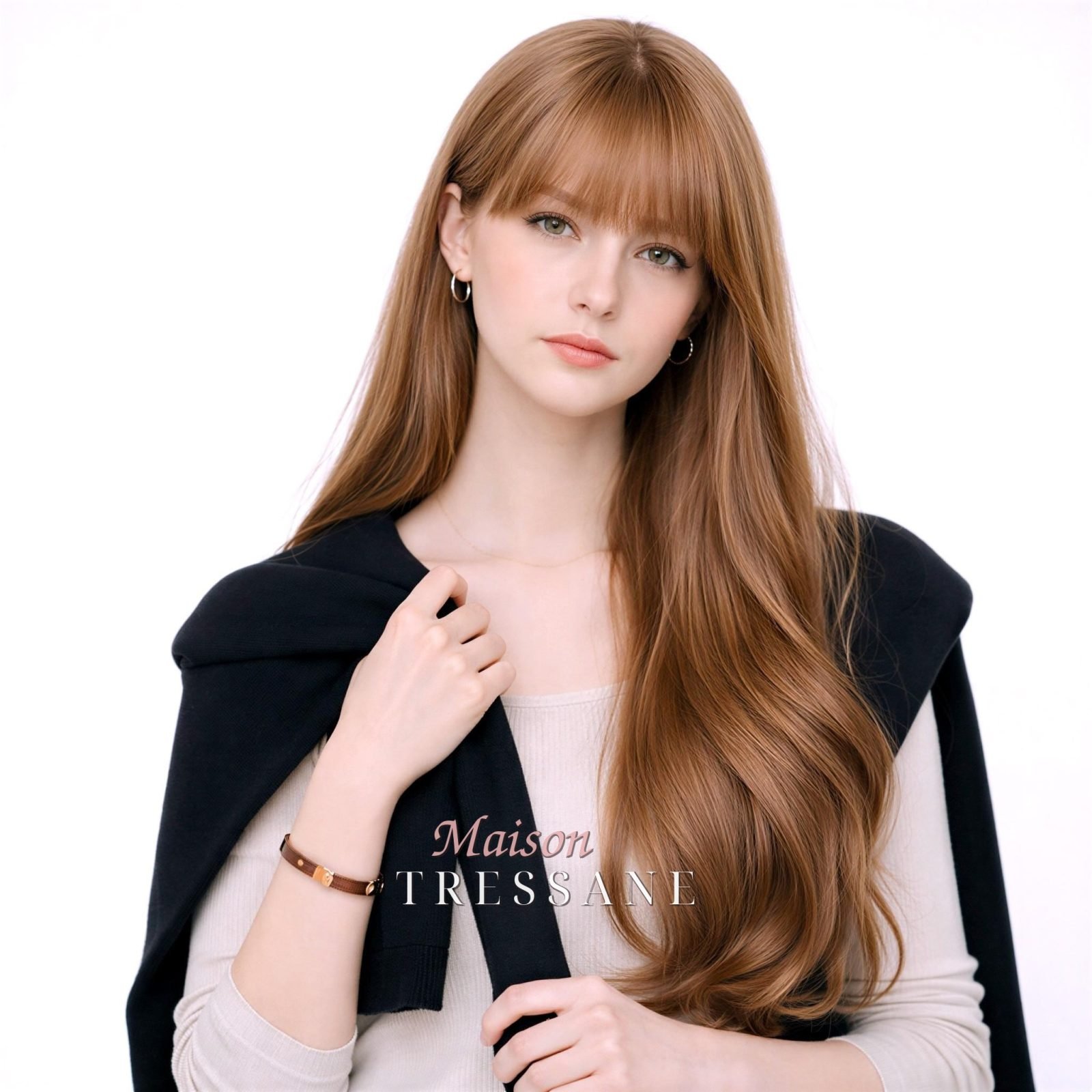 Ondulée blonde dorée avec frange — ondulée, 60 cm, teinte blond — portée, vue de face