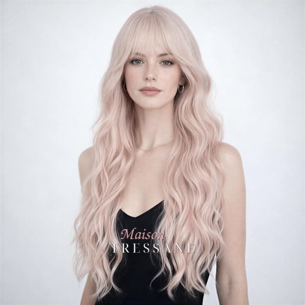 Ombrée rose platine pâle avec frange — ondulée, 60 cm, teinte blond — portée, vue de face