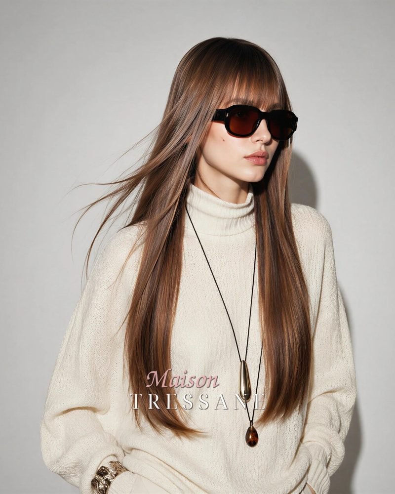 Perruque droite brune de 61 cm avec frange, reflets caramel et — lisse, 60 cm, teinte châtain — portée, vue de face