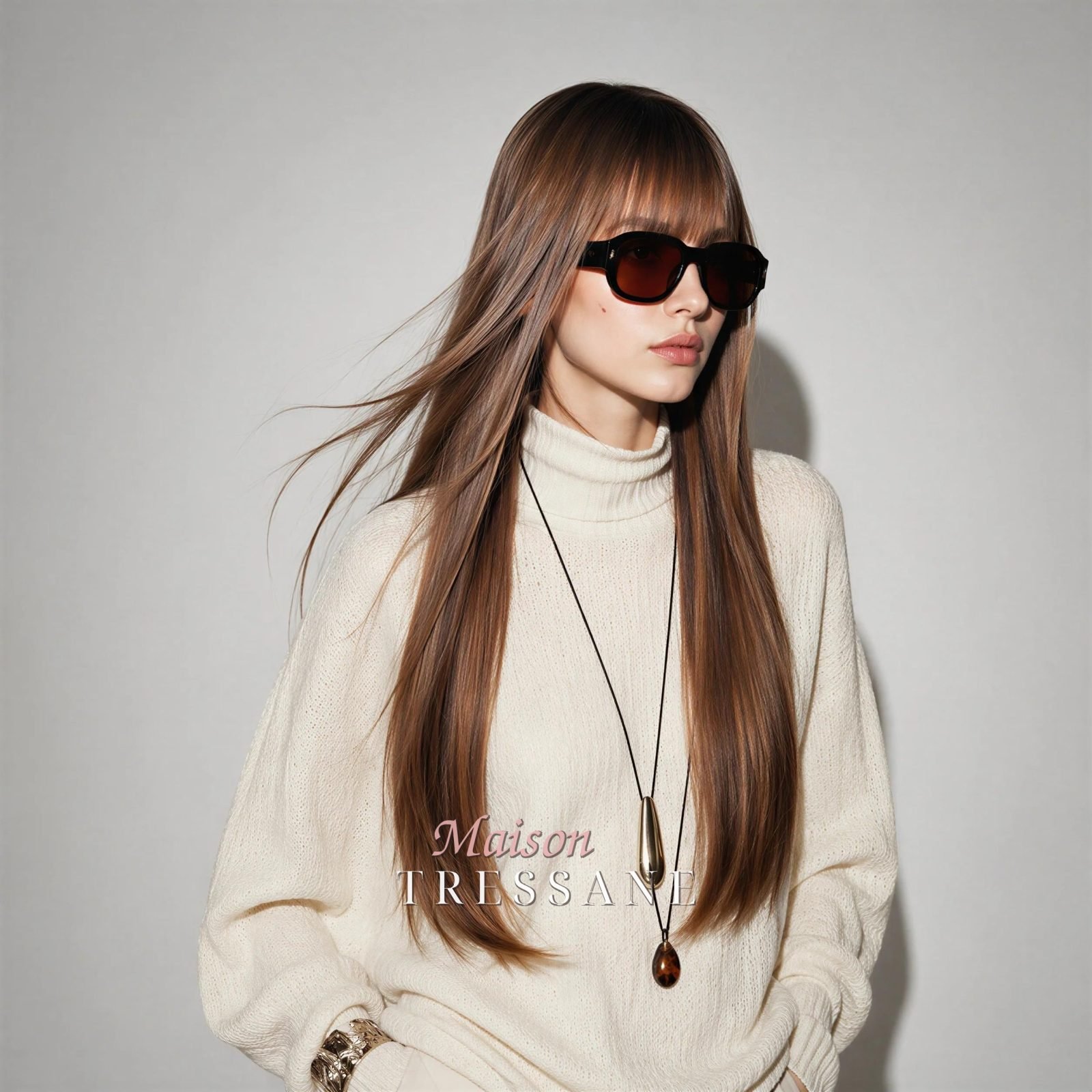 Perruque droite brune de 61 cm avec frange, reflets caramel et — lisse, 60 cm, teinte châtain — portée, vue de face