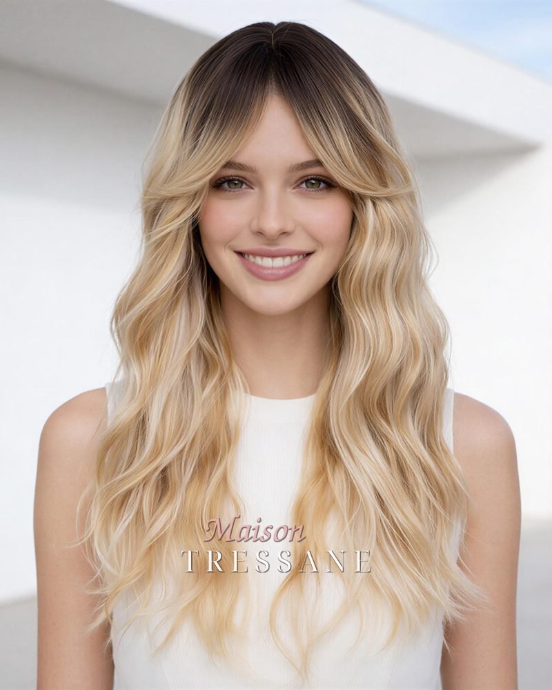 Longue perruque ombrée ondulée avec frange — ondulée, 60 cm, teinte blond — portée, vue de face