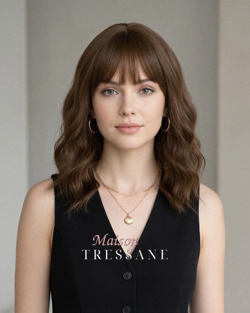 Ondulée Bob brun coco avec frange — ondulée, 35 cm, teinte brun — portée, vue de face