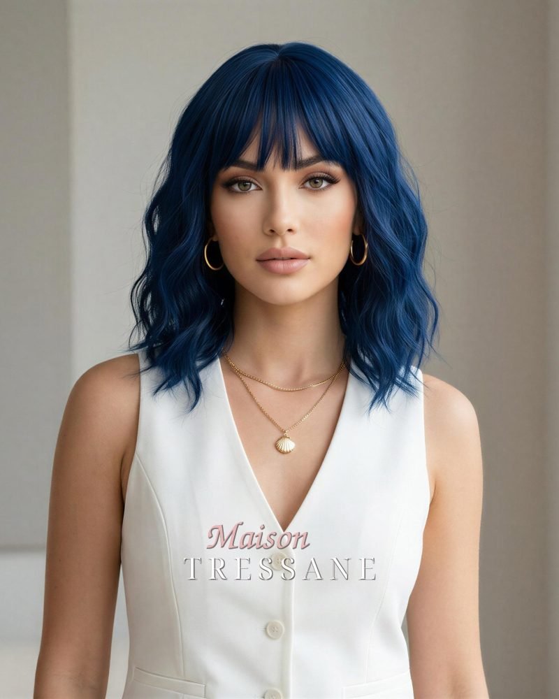 Ondulée bleue Bob avec frange — ondulée, 30 cm — portée, vue de face