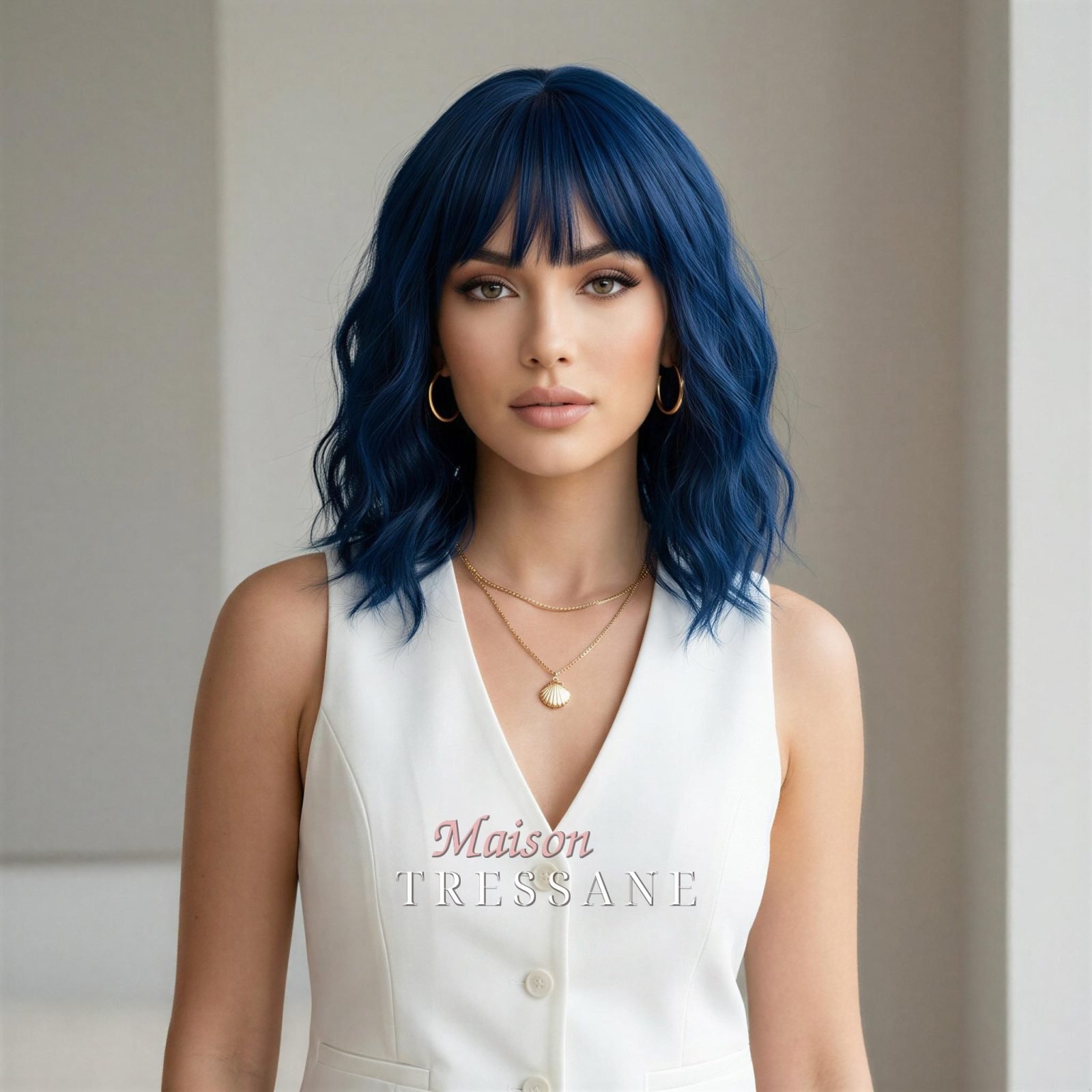 Ondulée bleue Bob avec frange — ondulée, 30 cm — portée, vue de face