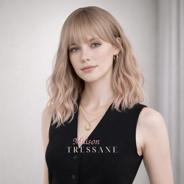Perruque blonde à balayage carré avec frange — ondulée, teinte blond — portée, vue de face