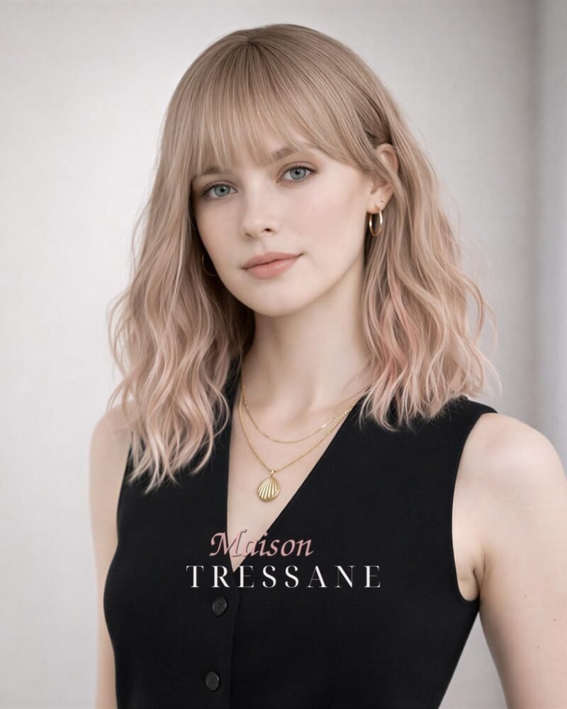Perruque blonde à balayage carré avec frange — ondulée, teinte blond — portée, vue de face