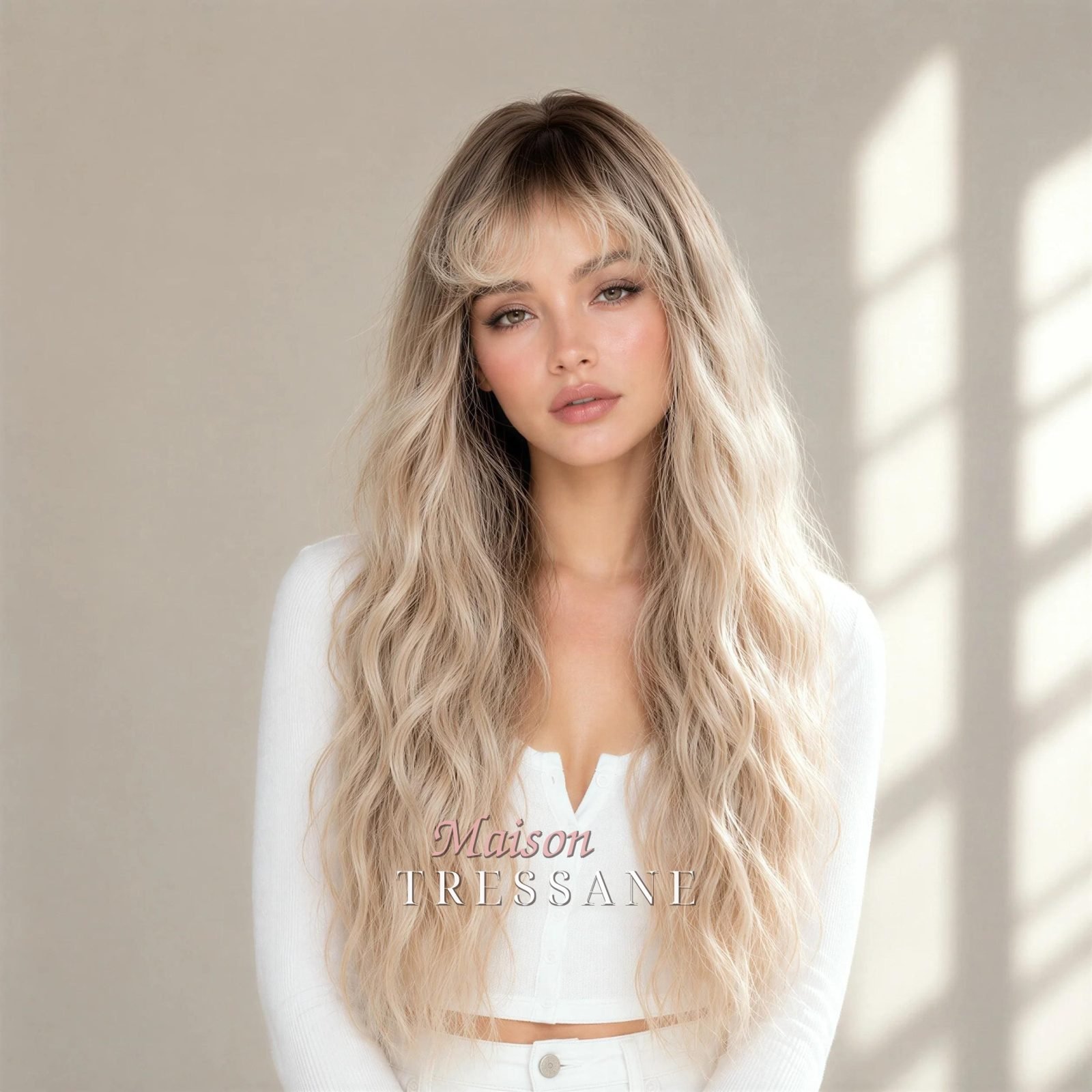 Ondulée 22 pouces blond cendré ombré avec frange — ondulée, 55 cm, teinte blond — portée, vue de face