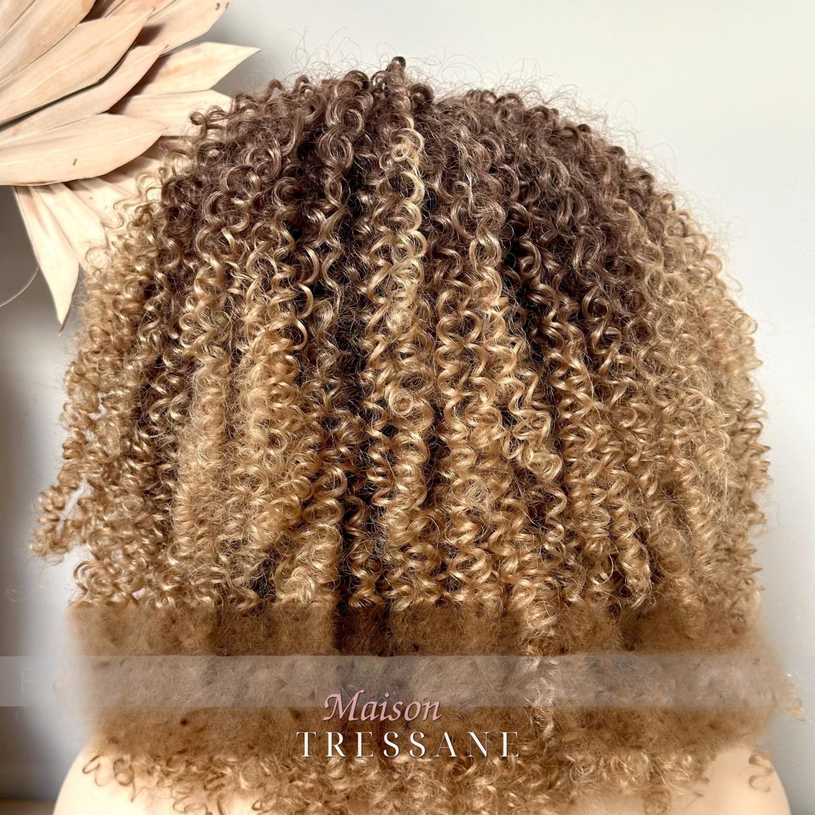 Perruque afro-bouclée blonde ombrée avec frange — bouclée, 35 cm, teinte blond — vue de dos