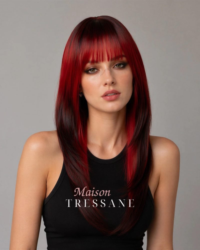 Ombrée rouge et noire avec frange — lisse, 50 cm, teinte rouge — portée, vue de face