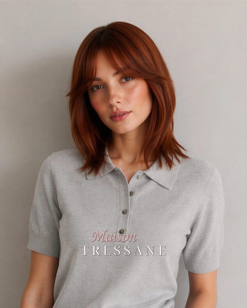 Perruque courte en cuivre avec frange — 30 cm, teinte cuivre & orange — portée, vue de face