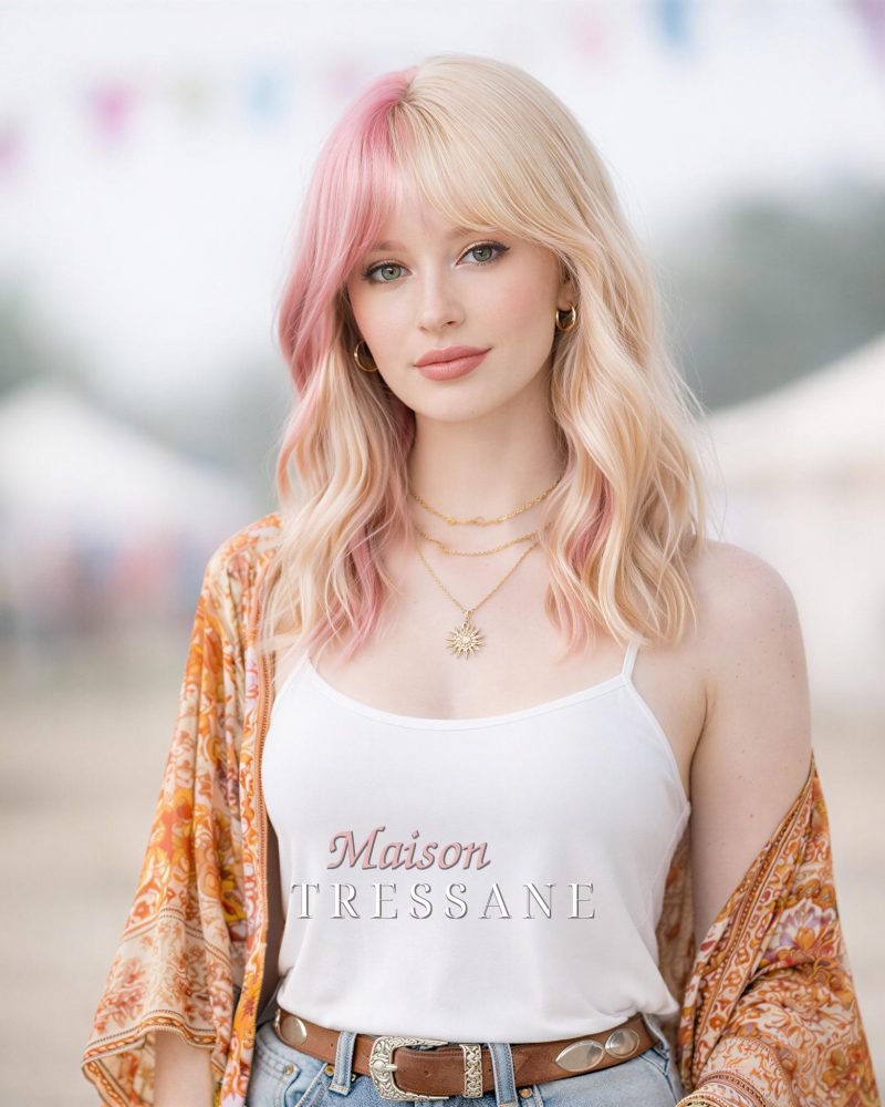 Perruque carrée ondulée blonde et rose de 14 pouces avec frange — ondulée, 35 cm, teinte blond — portée, vue de face
