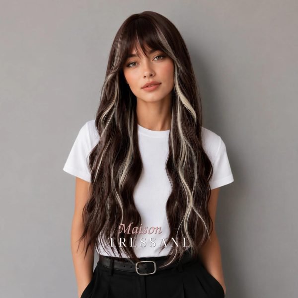 Ondulée Brune Avec Des Reflets Argentés — ondulée, 65 cm, teinte gris & platine — portée, vue de face