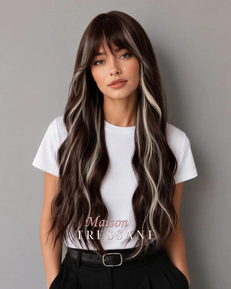 Ondulée Brune Avec Des Reflets Argentés — ondulée, 65 cm, teinte gris & platine — portée, vue de face