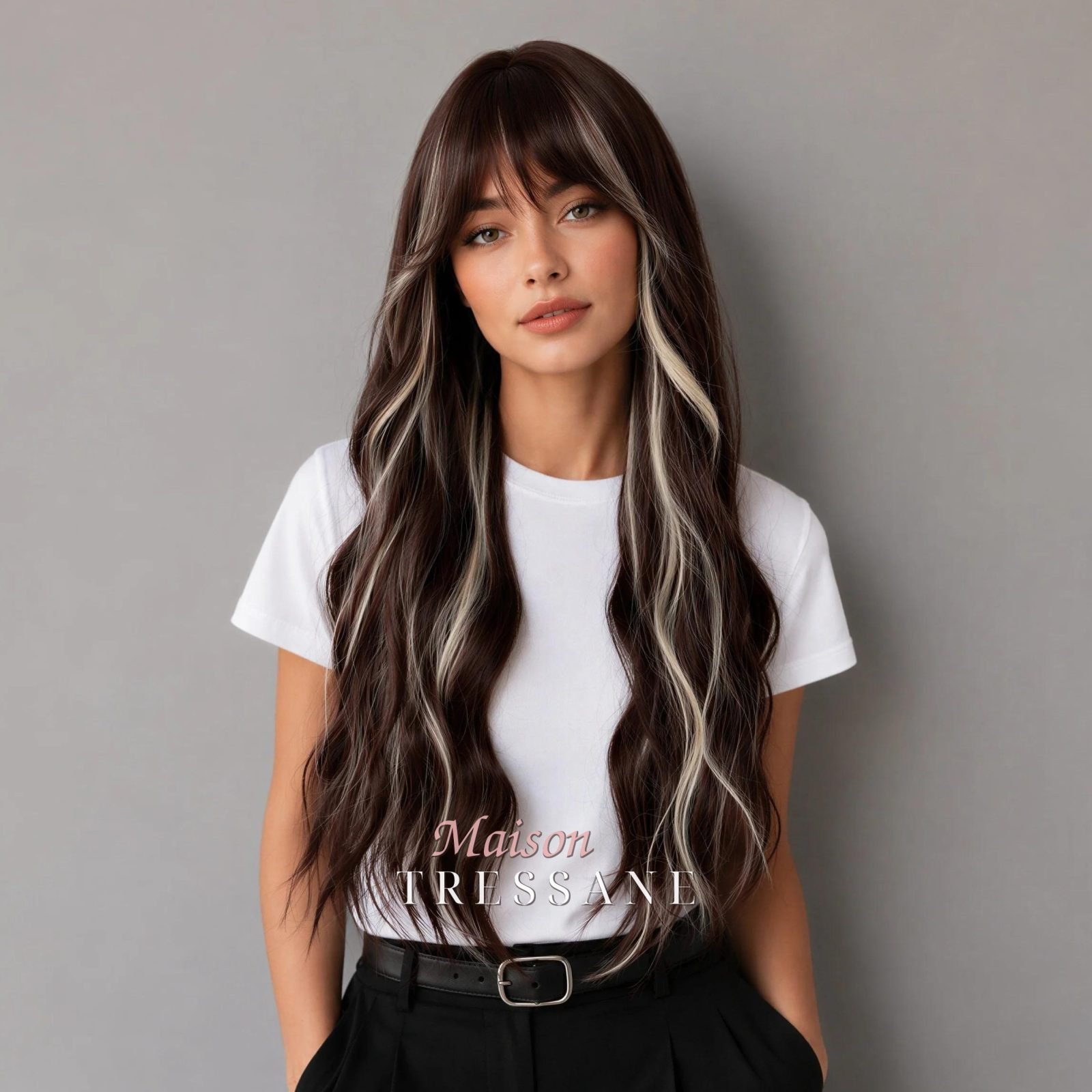 Ondulée Brune Avec Des Reflets Argentés — ondulée, 65 cm, teinte gris & platine — portée, vue de face