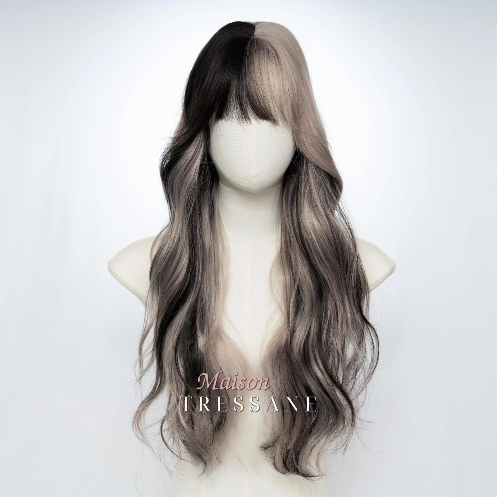 Ondulée noire et gris-rose cendré avec frange — ondulée, 65 cm, teinte rose & violet — vue de face