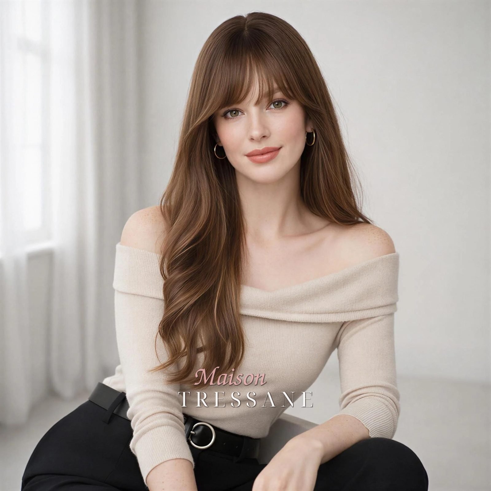 Ondulée brune à balayage de 61 cm (24 po) avec frange — ondulée, 60 cm, teinte châtain — portée, vue de face