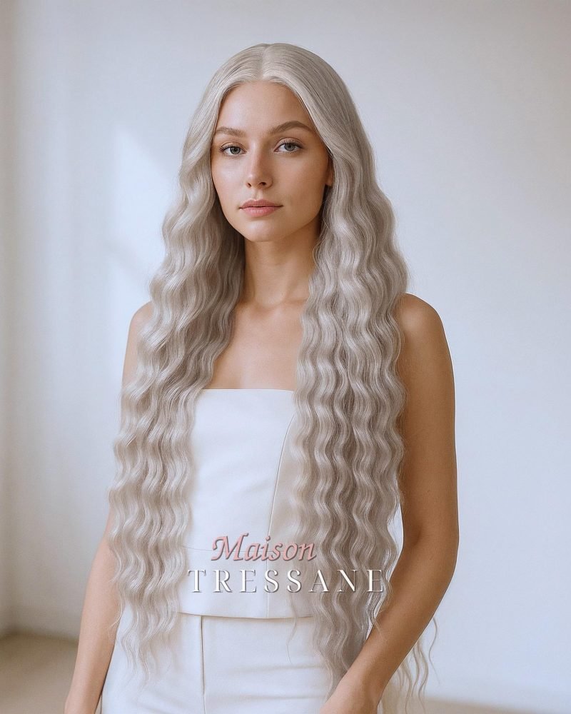 Perruque lace frontale 13 x 4 blond cendré clair 26 pouces — 65 cm, teinte blond — portée, vue de face