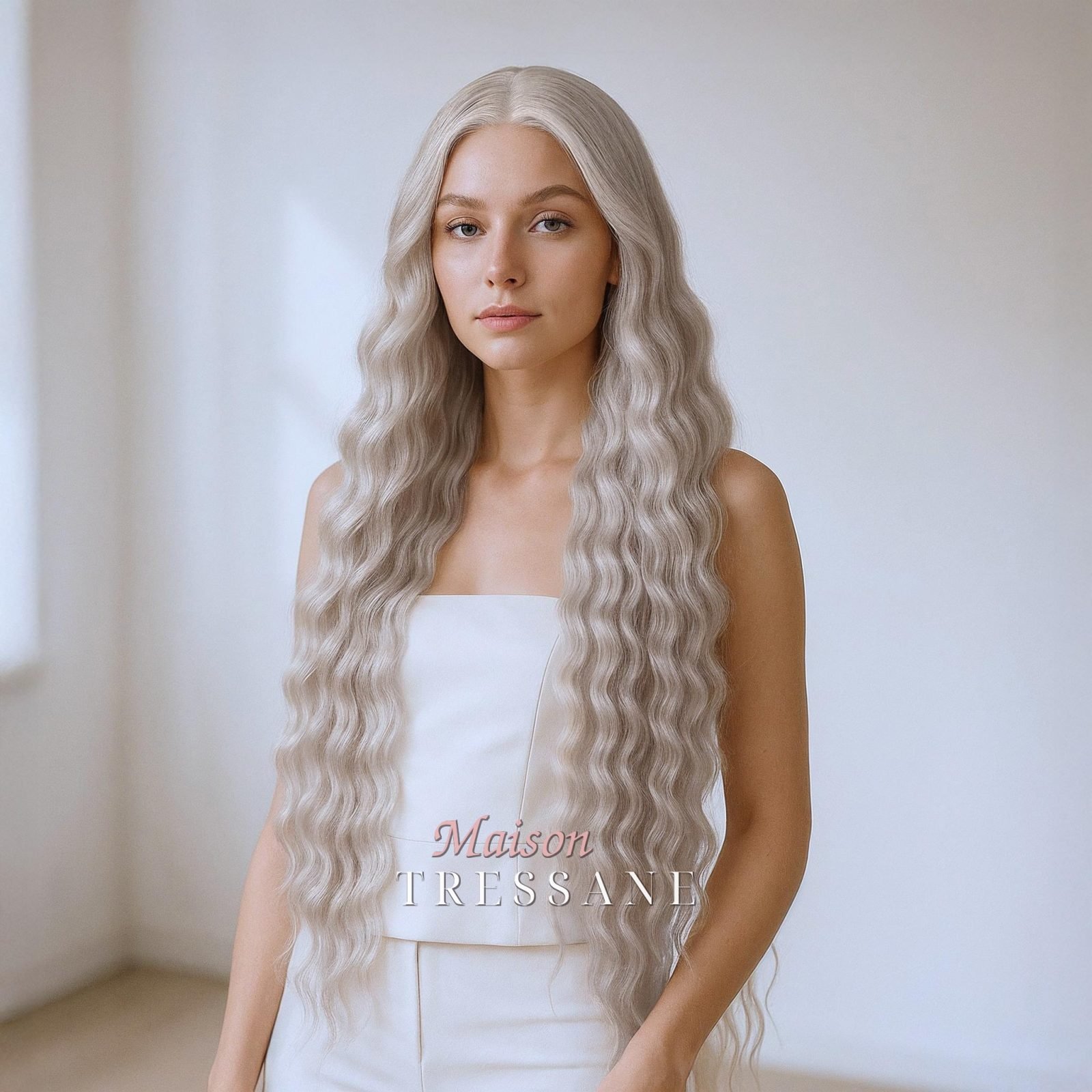 Perruque lace frontale 13 x 4 blond cendré clair 26 pouces — 65 cm, teinte blond — portée, vue de face