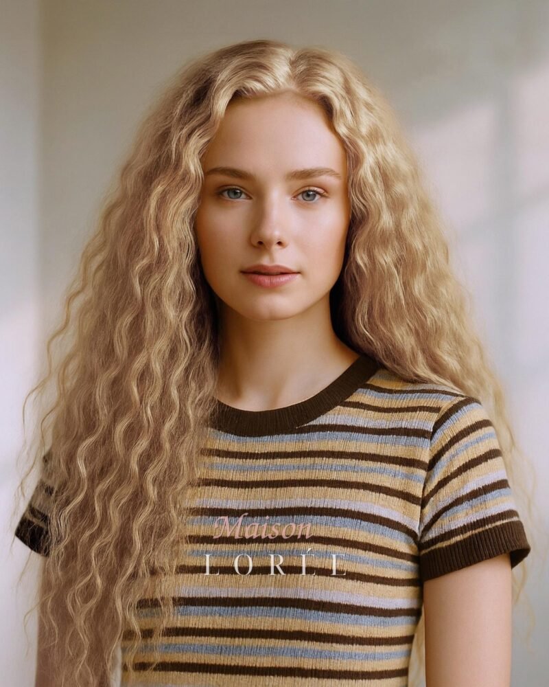 Perruque lace frontale blonde bouclée 13 x 4 22 pouces — bouclée, 55 cm, teinte blond — portée, vue de face