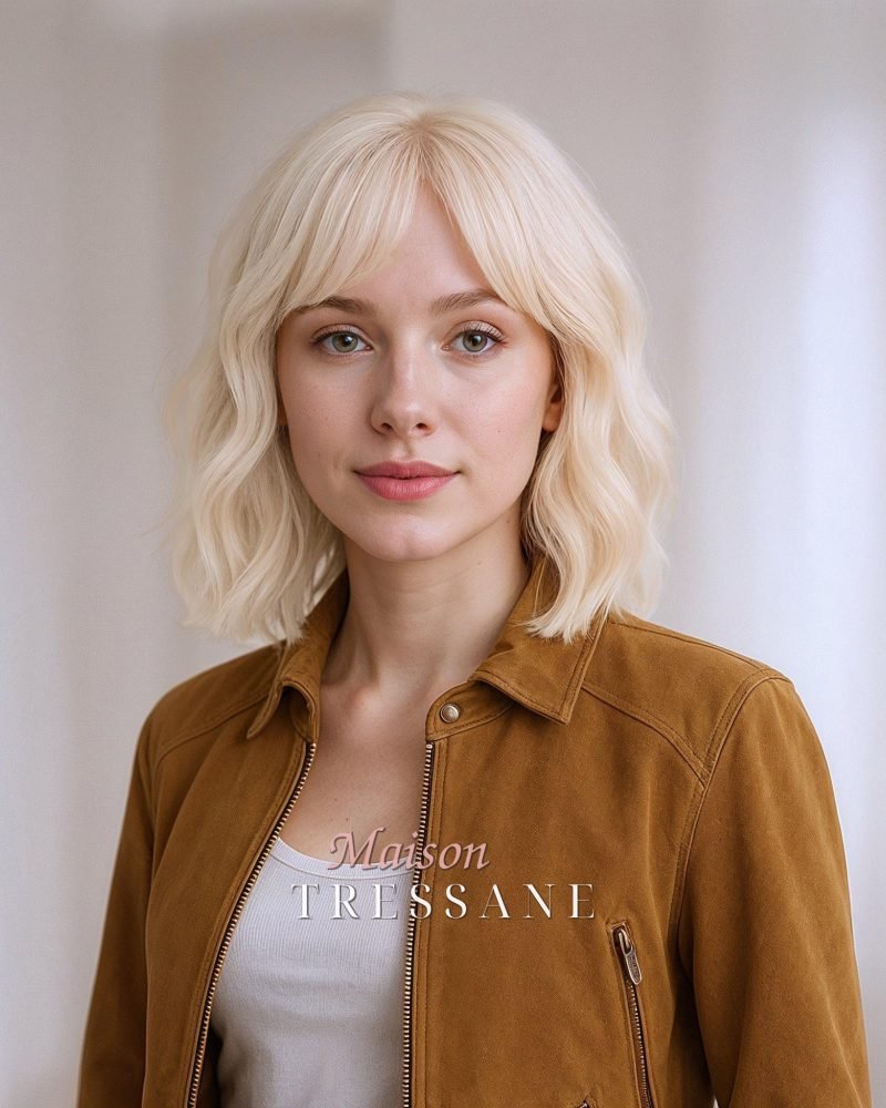 Perruque carrée ondulée de 30 cm (12 po.) avec frange — ondulée, 30 cm, teinte blond — portée, vue de face