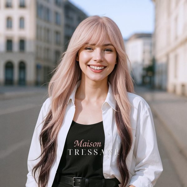 Ondulée ombrée de 26 pouces avec frange — Blond — ondulée, 65 cm, teinte blond — portée, vue de face